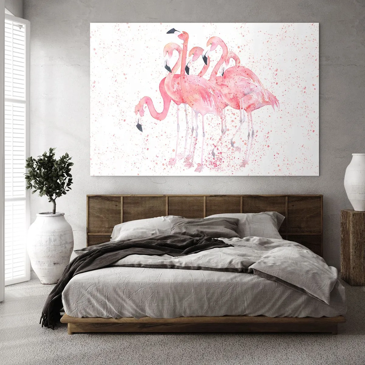Schilderen op glas - Aquarel flamingo's op een lichte achtergrond met delicate vlekken - 70x50cm - Roze ensemble - Moderne wanddecoratie voor woonkamer en slaapkamer ARTTOR