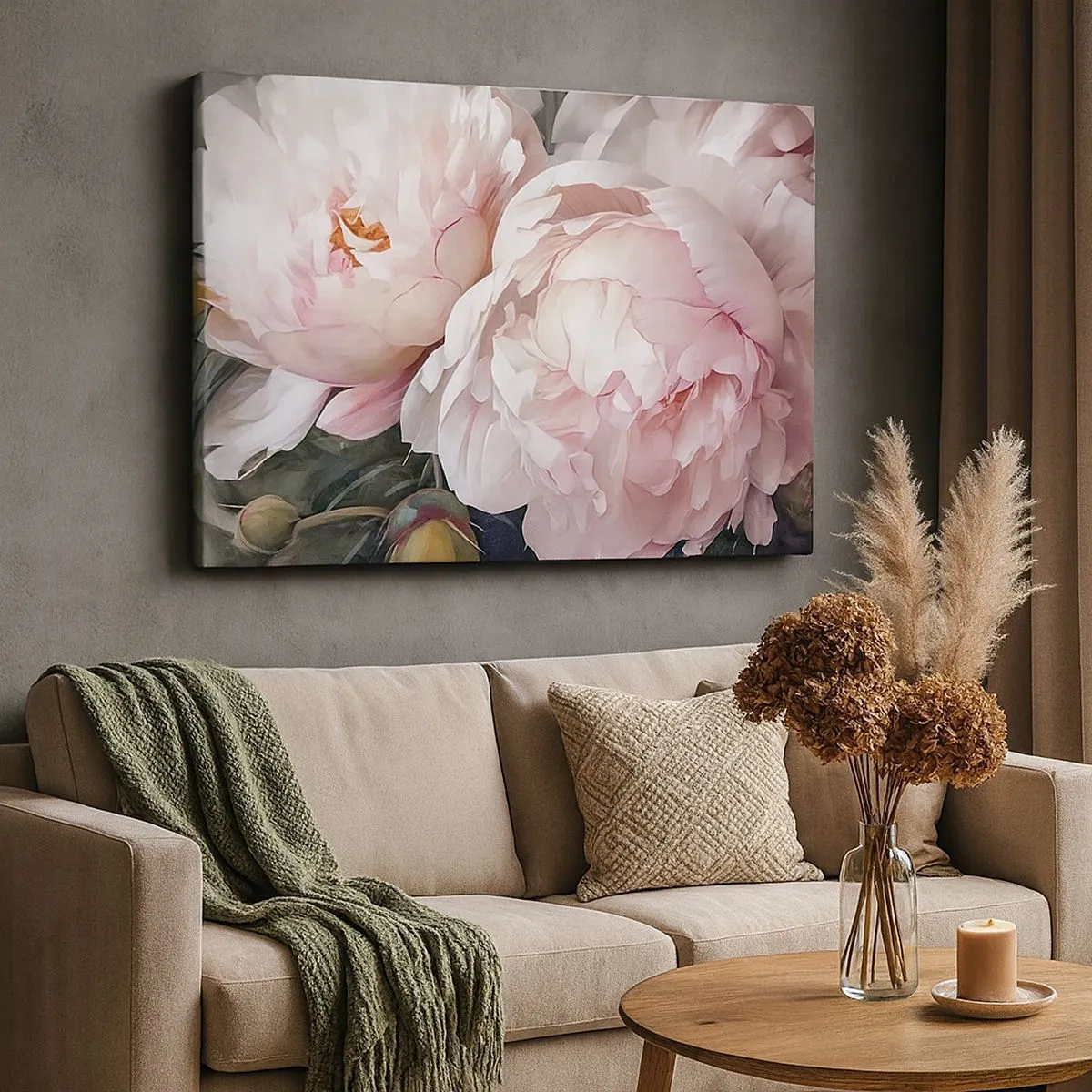 Schilderen op canvas - Tere roze pioenrozen in volle bloei - 70x50cm - In bloei gestopt - Moderne wanddecoratie voor woonkamer en slaapkamer ARTTOR