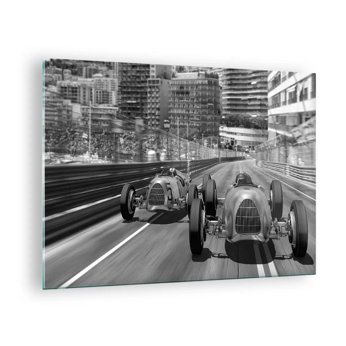 Schilderen op glas - Historische autorace in zwart-wit - 70x50cm - Lang geleden in Monte Carlo - Moderne wanddecoratie voor woonkamer en slaapkamer ARTTOR