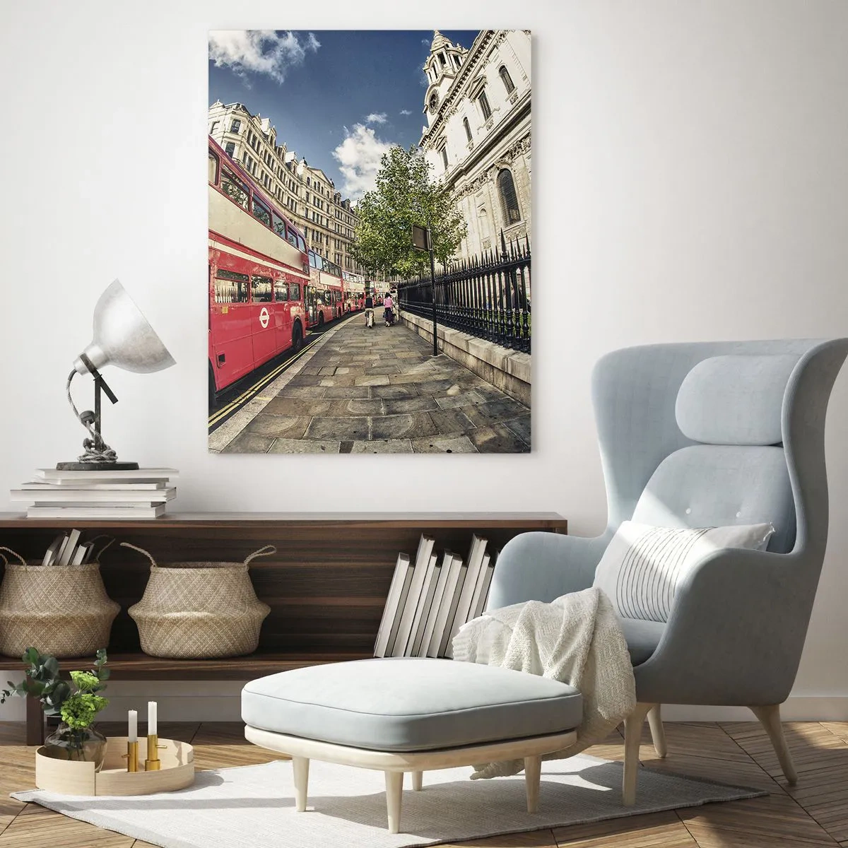 Schilderen op glas - Londense straat in grijs en rood - 50x70 cm