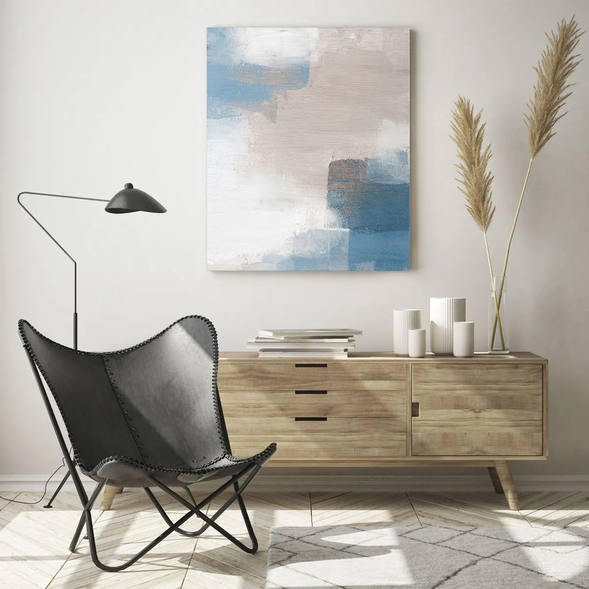 Schilderen op glas - Roze abstractie achter een blauw gordijn - 70x100 cm