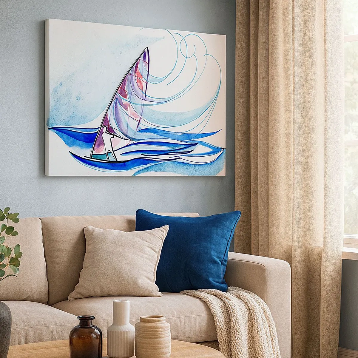 Schilderen op canvas - Een surfer die op de golven rijdt in een abstracte aquarelcompositie - 70x50cm - Met de wind op het ritme van de golven - Moderne wanddecoratie voor woonkamer en slaapkamer ARTTOR