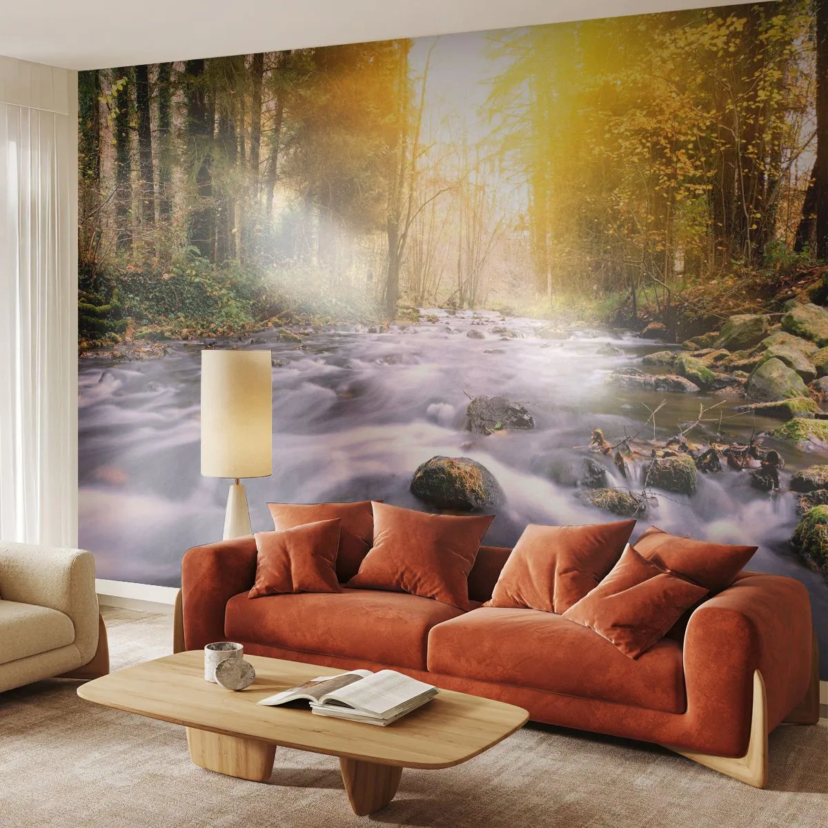 Fotobehang Premium Sand - Malachiet in een zilveren en gouden lijst - Landschap, Berg rivier, Woud - 100x70 cm