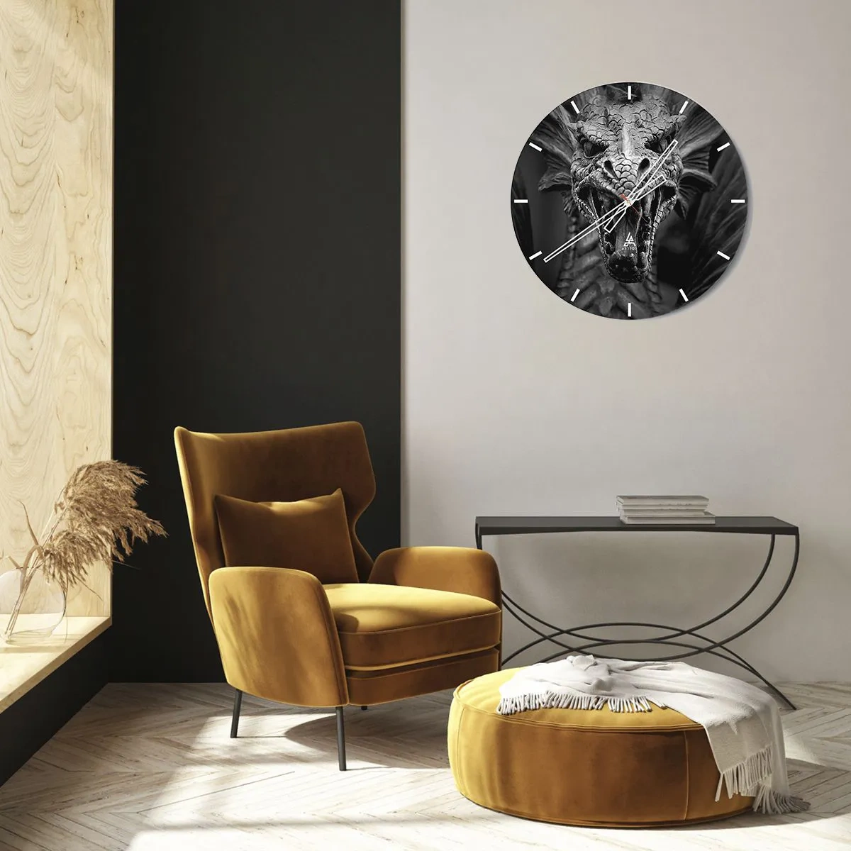 Wandklok - Klok - Een dreigende drakenkop in zwart-witstijl - 30x30cm - Een sprookjesachtige draak in grijs - Moderne wanddecoratie voor woonkamer, keuken en slaapkamer ARTTOR