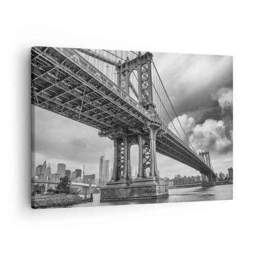 Schilderen op canvas - Een brug in zwart-wit met uitzicht op de stad - 70x50cm - Naar het hart van de stad - Moderne wanddecoratie voor woonkamer en slaapkamer ARTTOR