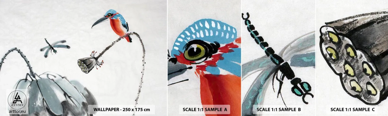 Fotobehang Monster Zelfklevend Deluxe Sticker - Het leven van de weide - Abstractie, Vogel, Bloem - 100x30 cm