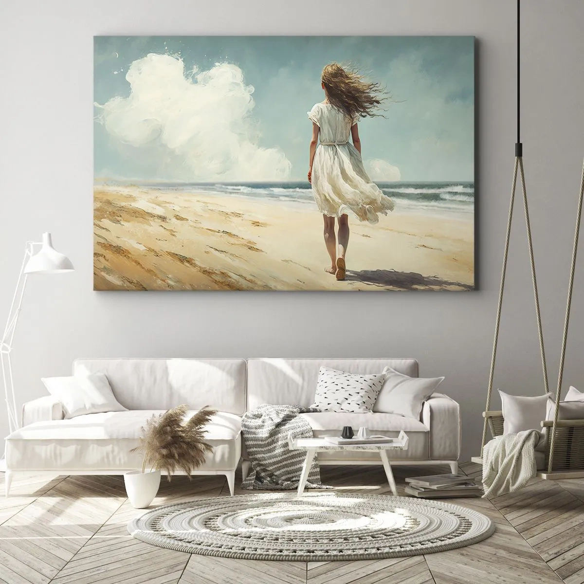 Schilderen op canvas - Een vrouw in een witte jurk die op een zonnige dag over het strand loopt - 70x50cm - Om de zon en de wind te ontmoeten - Moderne wanddecoratie voor woonkamer en slaapkamer ARTTOR