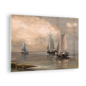 Schilderen op glas - Drie zeilboten op een kalme zee in pastelkleuren - 70x50cm - De terugkeer van zeelieden - Moderne wanddecoratie voor woonkamer en slaapkamer ARTTOR