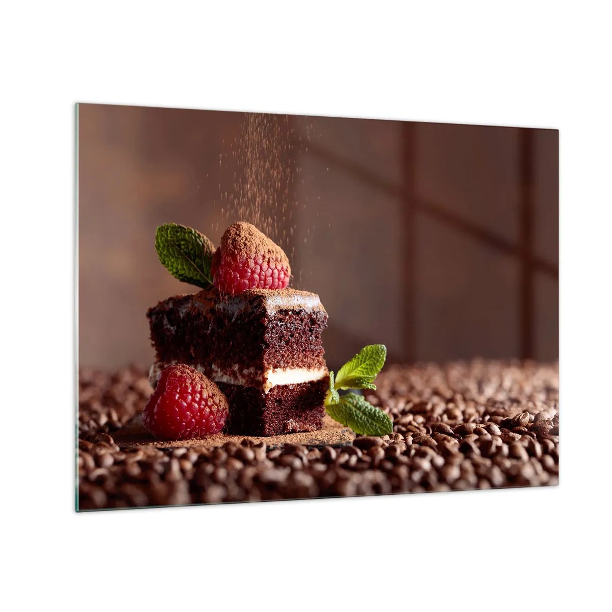 Schilderen op glas - Chocoladedessert met frambozen en muntblaadjes - 70x50cm - Het leven is zoet - Moderne wanddecoratie voor woonkamer en slaapkamer ARTTOR