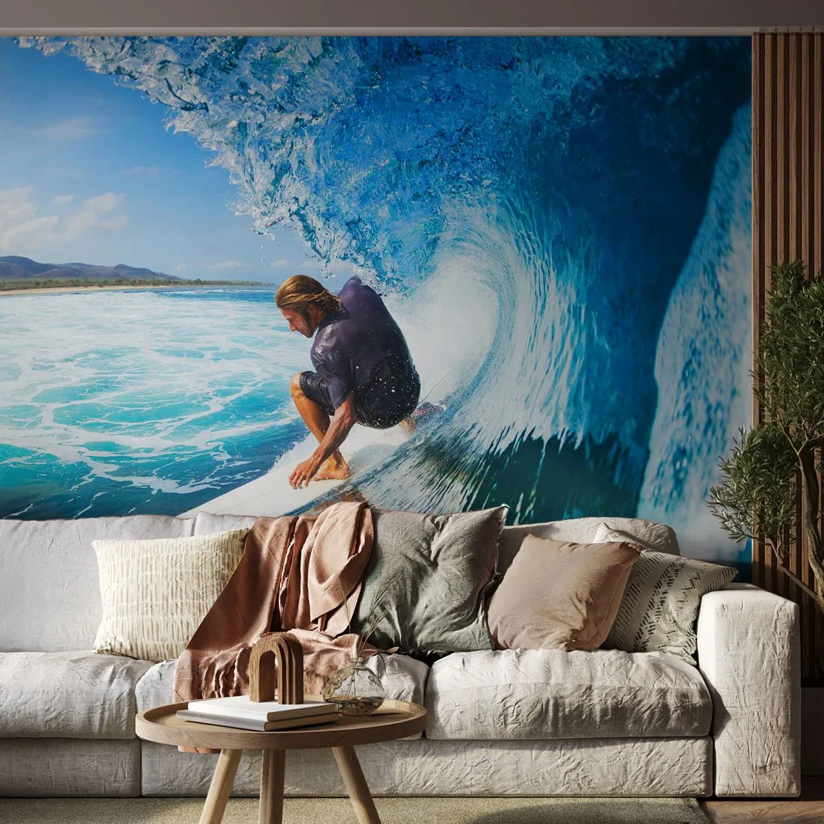Fotobehang Premium Sand - Dansend met de golven - Sport, Surfen, Surfplank - 400x280 cm