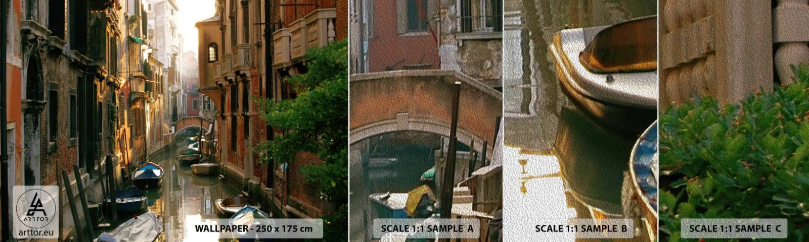 Fotobehang Monster Premium Sand - In een Venetiaans steegje - Landschap, Architectuur, Venetië - 100x30 cm