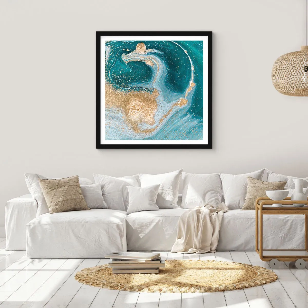 Poster in een zwarte lijst - Een werveling van goud en turkoois - 30x30 cm