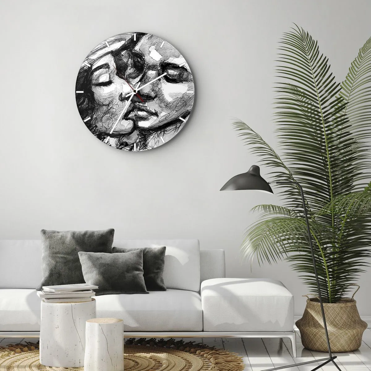 Wandklok - Klok - Zwart-wit schets van een kussend paar - 30x30cm - Een teder moment - Moderne wanddecoratie voor woonkamer, keuken en slaapkamer ARTTOR