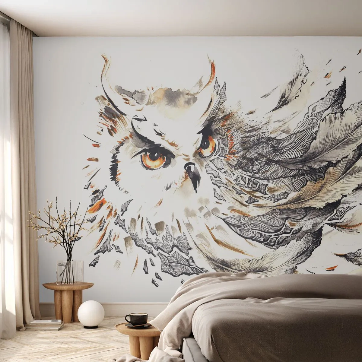 Fotobehang Premium Canvas - Ze kwam uit de wereld van magie - Vogel, Uil, Grafisch - 400x280 cm