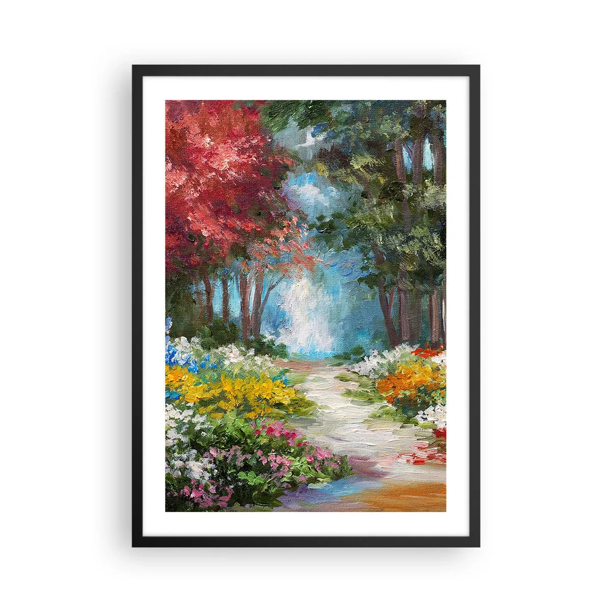Poster in een zwarte lijst - Een kleurrijke bostuin vol bloemen en bomen - 50x70cm - Bostuin, bloemenbos - Moderne wanddecoratie voor woonkamer en slaapkamer ARTTOR