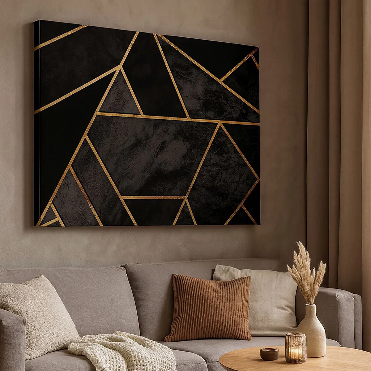 Schilderen op canvas - Geometrisch goudpatroon op een zwarte achtergrond - 70x50cm - Duisternis en glans - Moderne wanddecoratie voor woonkamer en slaapkamer ARTTOR