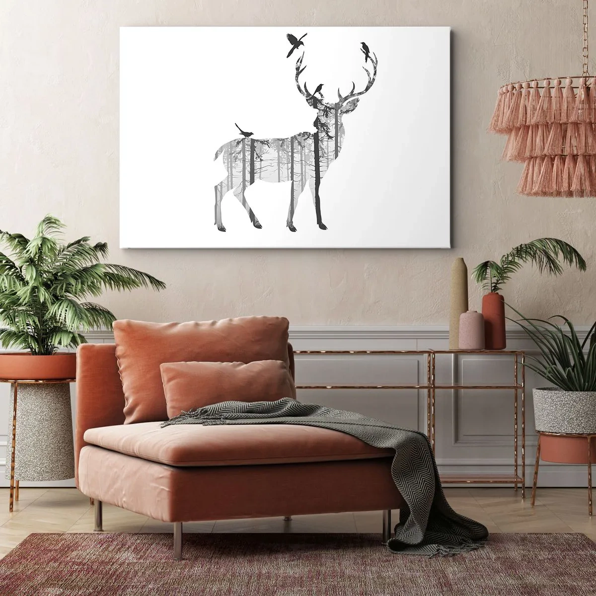 Schilderen op canvas - Silhouet van een hert met bos en vogels - 70x50cm - Goede bosgeest - Moderne wanddecoratie voor woonkamer en slaapkamer ARTTOR