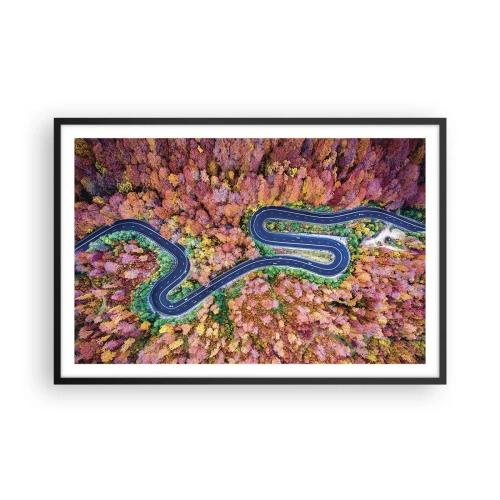 Poster in een zwarte lijst - Een kronkelende weg door het bos - 91x61 cm