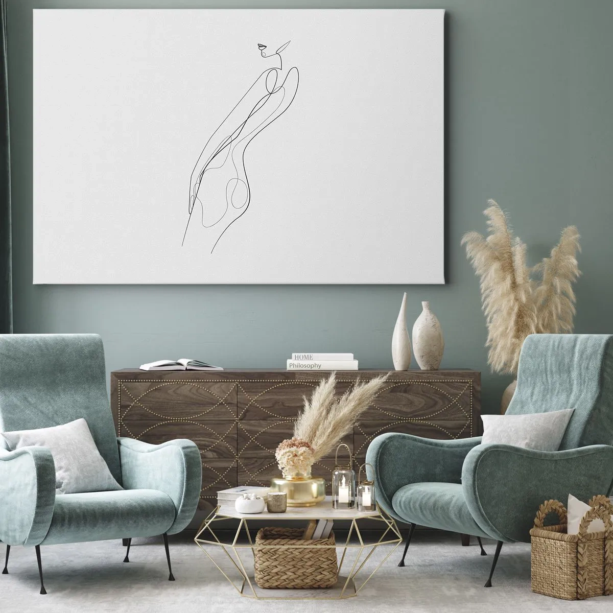 Schilderen op canvas - Een minimalistische lijn die een silhouet laat zien tegen een lichte achtergrond - 70x50cm - Gewoon een belofte - Moderne wanddecoratie voor woonkamer en slaapkamer ARTTOR