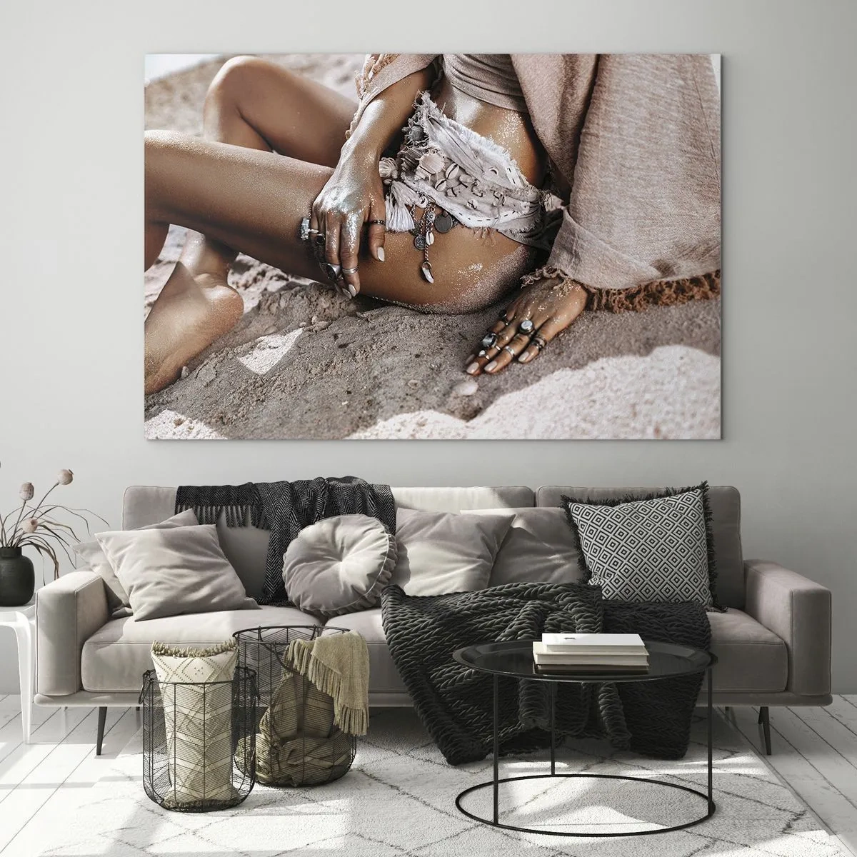 Schilderen op glas - Vrouwelijk silhouet op een zandstrand - 70x50cm - Door de golven gegooid? - Moderne wanddecoratie voor woonkamer en slaapkamer ARTTOR
