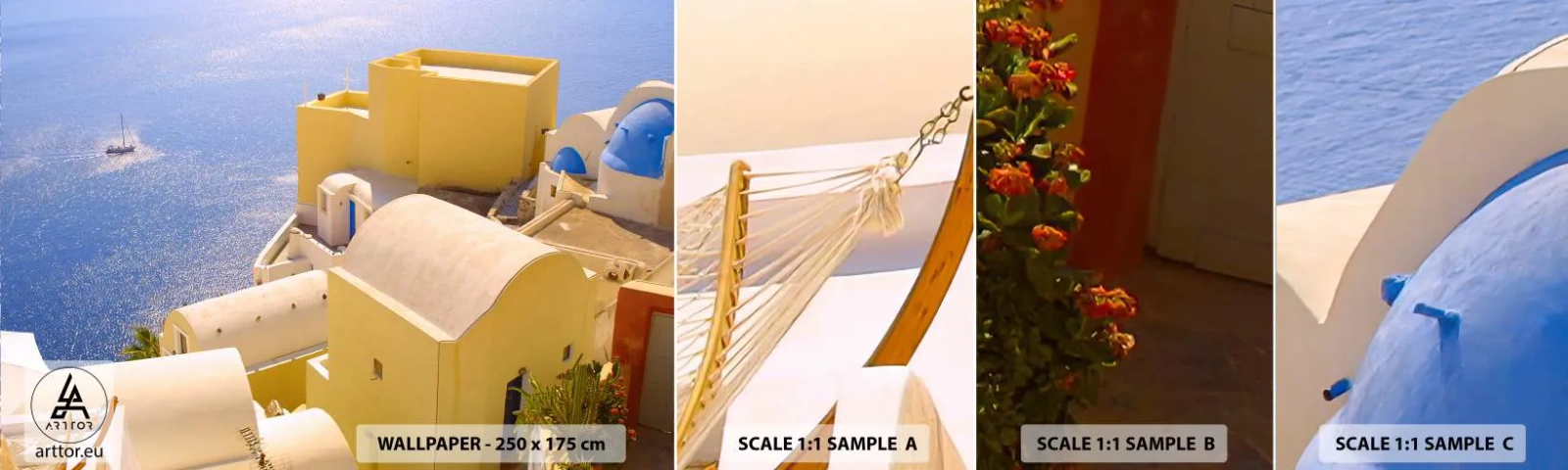 Fotobehang Staaltje Standard Eco - Grieks landschap in wit en blauw - Landschap, Santorini, Griekenland - 100x30 cm