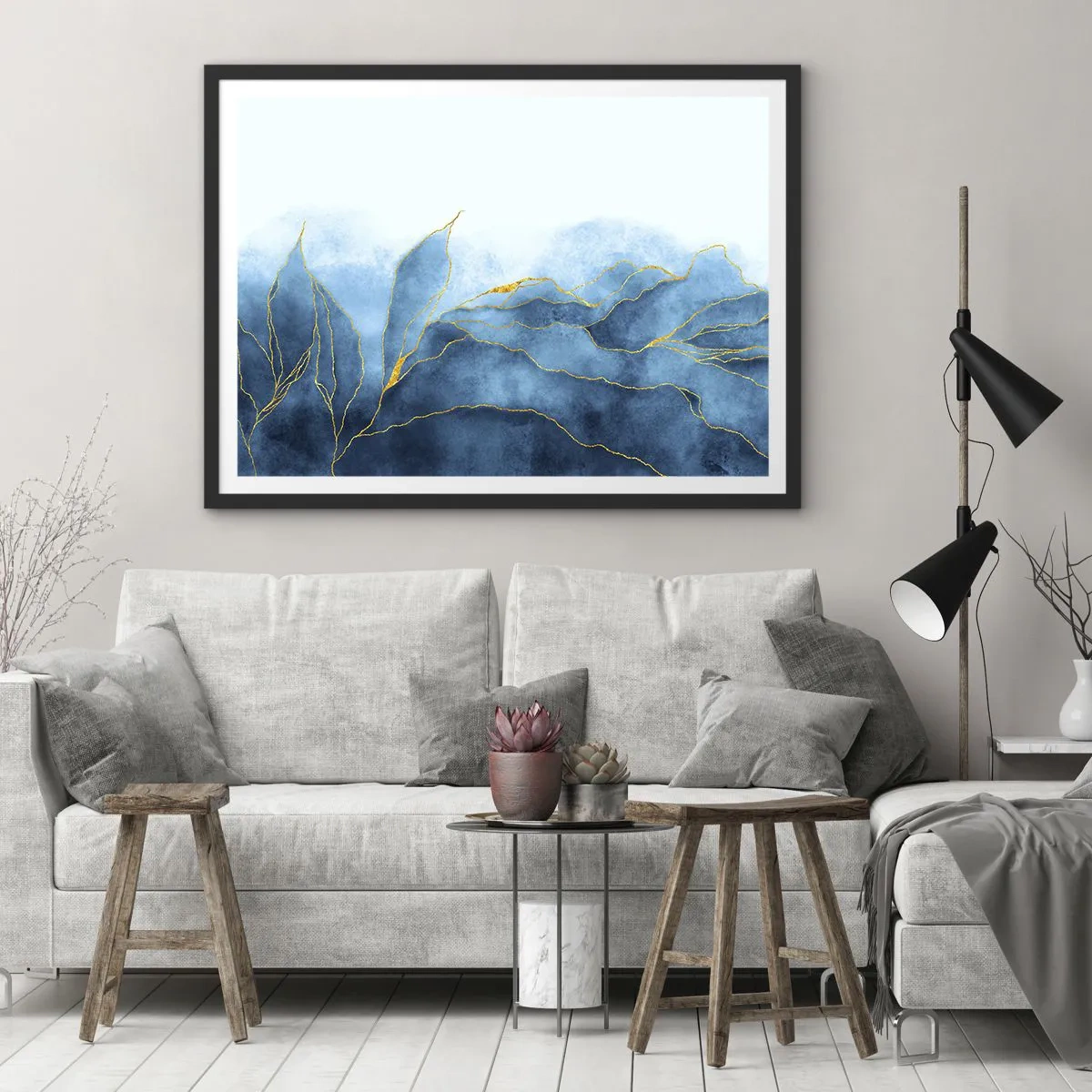 Poster in een zwarte lijst - Blauw in goud - 100x70 cm