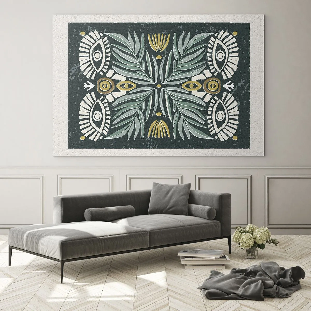 Schilderen op glas - Een symmetrische compositie van bladeren en patronen in een volksstijl - 70x50cm - Als een volksuitsnede - Moderne wanddecoratie voor woonkamer en slaapkamer ARTTOR