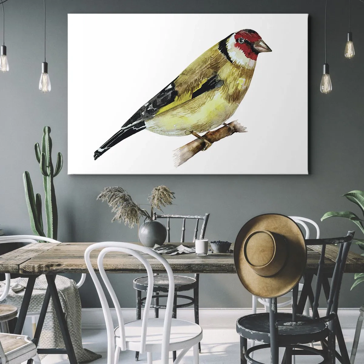 Schilderen op canvas - Een vogel met een rode kop op een tak - 70x50cm - Vogel portret - Moderne wanddecoratie voor woonkamer en slaapkamer ARTTOR