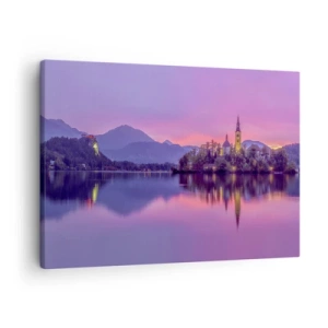 Schilderen op canvas - Meer met een eiland en een kerk bij zonsondergang - 70x50cm - Een sprookjesachtig eiland in de schemering - Moderne wanddecoratie voor woonkamer en slaapkamer ARTTOR