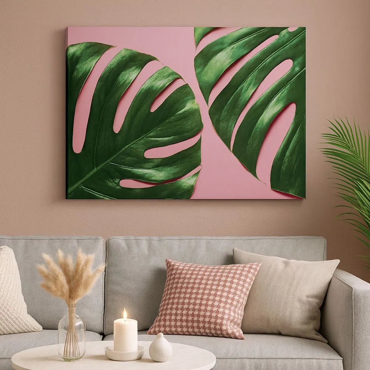 Schilderen op canvas - Groene monsterabladeren op een roze achtergrond - 70x50cm - Groene rendez-vous - Moderne wanddecoratie voor woonkamer en slaapkamer ARTTOR