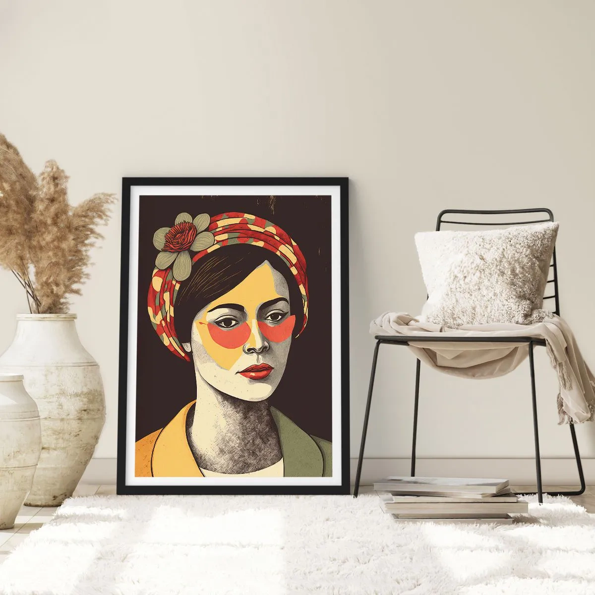 Poster in een zwarte lijst - Gestileerd portret van een vrouw in een tulband met een bloemenaccent - 50x70cm - Koraal Dame - Moderne wanddecoratie voor woonkamer en slaapkamer ARTTOR