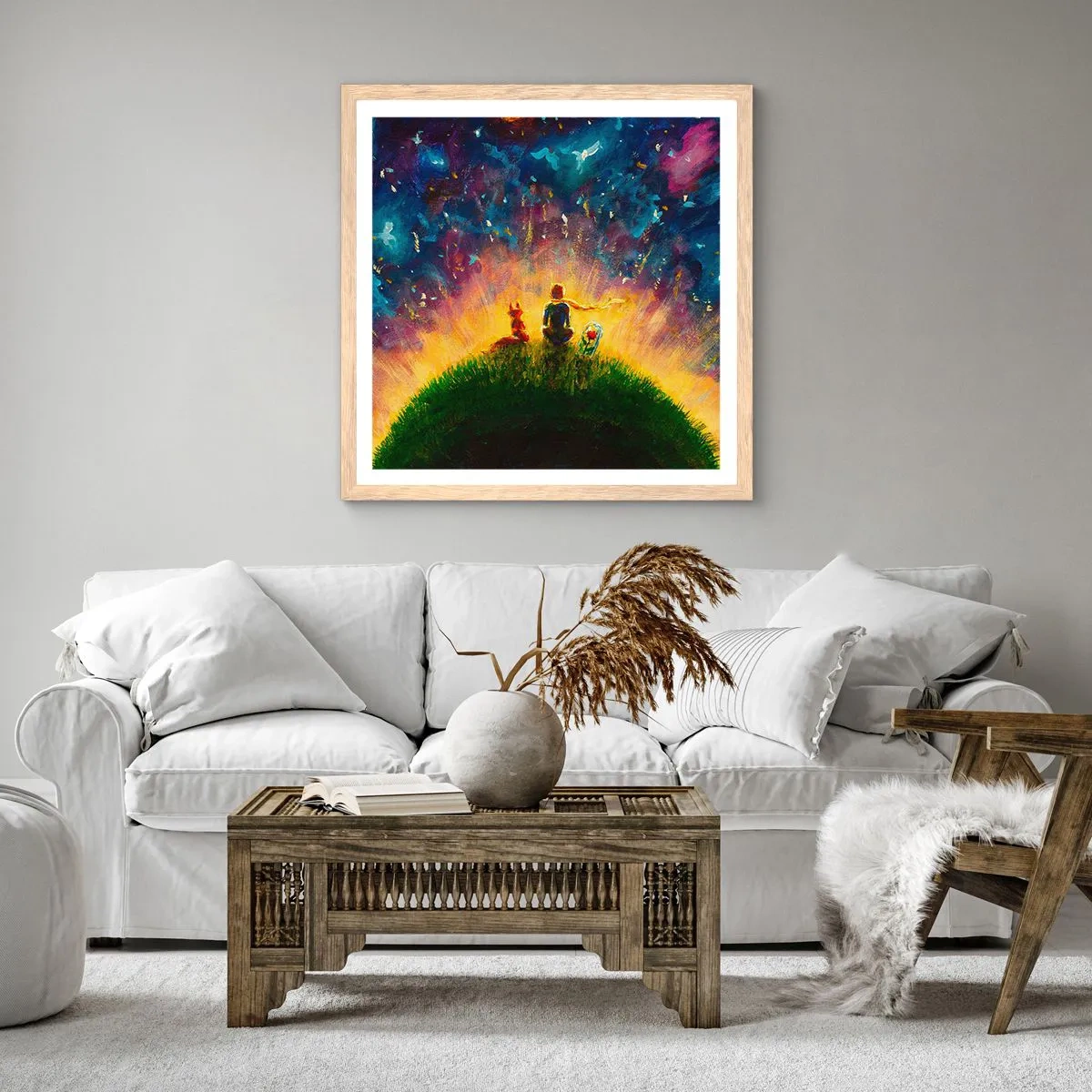 Een poster in een licht eiken lijst - Liefde en vriendschap - de hele wereld - 60x60 cm