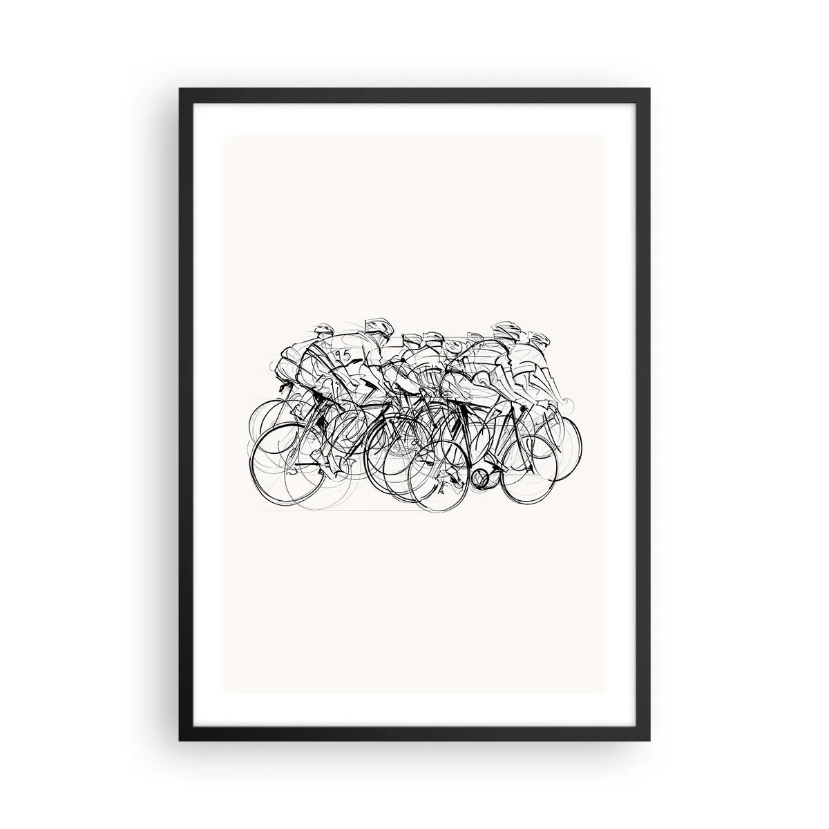 Poster in een zwarte lijst - Schets van wielrenners die racen tegen een minimalistische achtergrond - 50x70cm - Samen als team - Moderne wanddecoratie voor woonkamer en slaapkamer ARTTOR