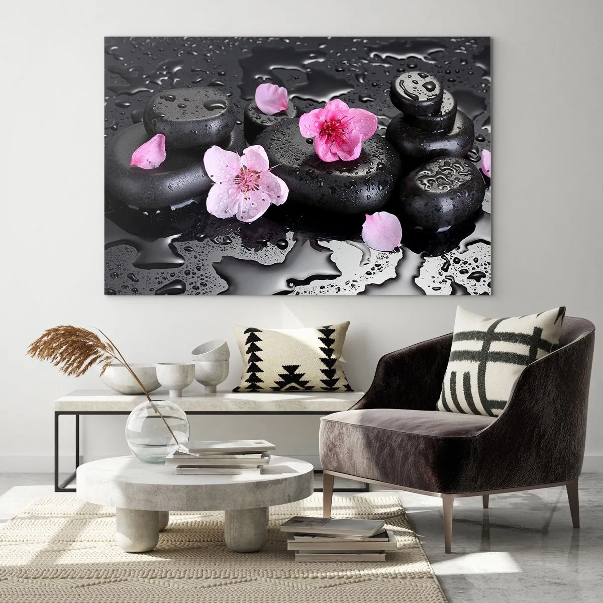 Schilderen op glas - Spa stenen met bloemen op een natte achtergrond - 70x50cm - En de steen valt uit het hart - Moderne wanddecoratie voor woonkamer en slaapkamer ARTTOR