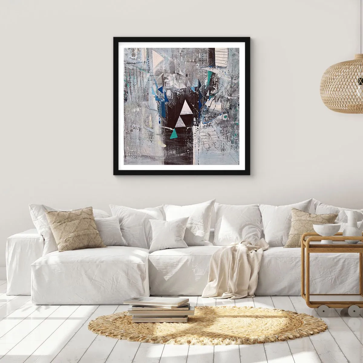 Poster in een zwarte lijst - Overschrijvende volgorde van driehoeken - 40x40 cm