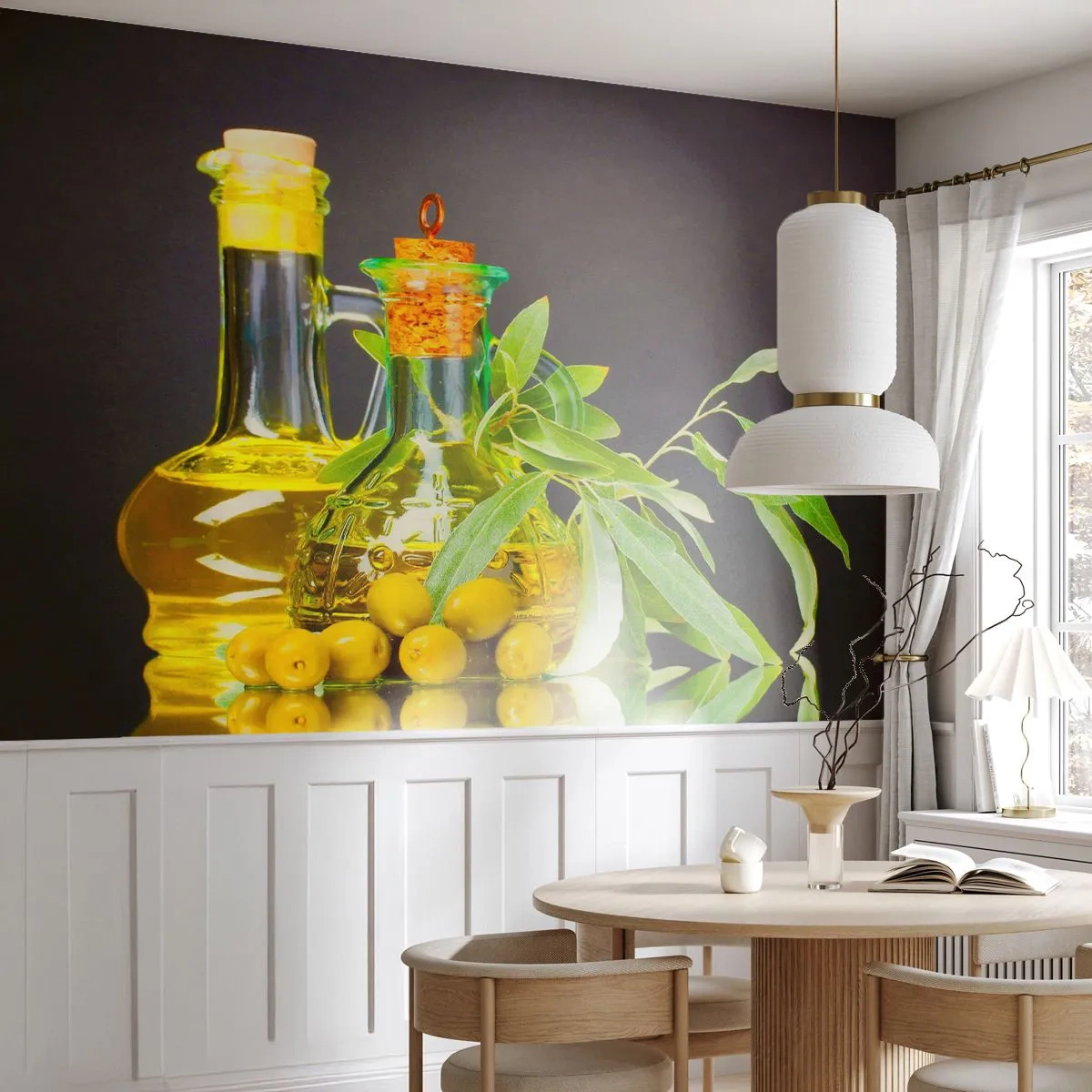 Zelfklevend Fotobehang Deluxe Sticker - Stilleven met olijven en olijfolie - Gastronomie, Olijven, Olie - 250x175 cm