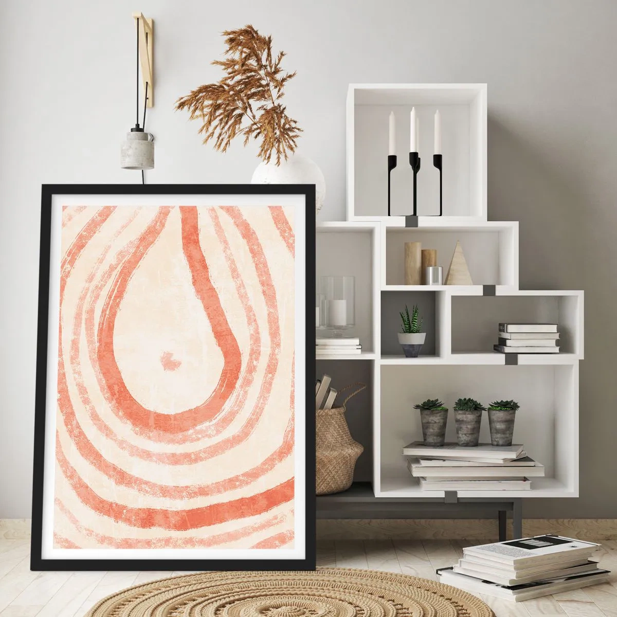 Poster in een zwarte lijst - Een abstract patroon in warme, aardse kleuren. - 50x70cm - Koraalcirkels – compositie - Moderne wanddecoratie voor woonkamer en slaapkamer ARTTOR