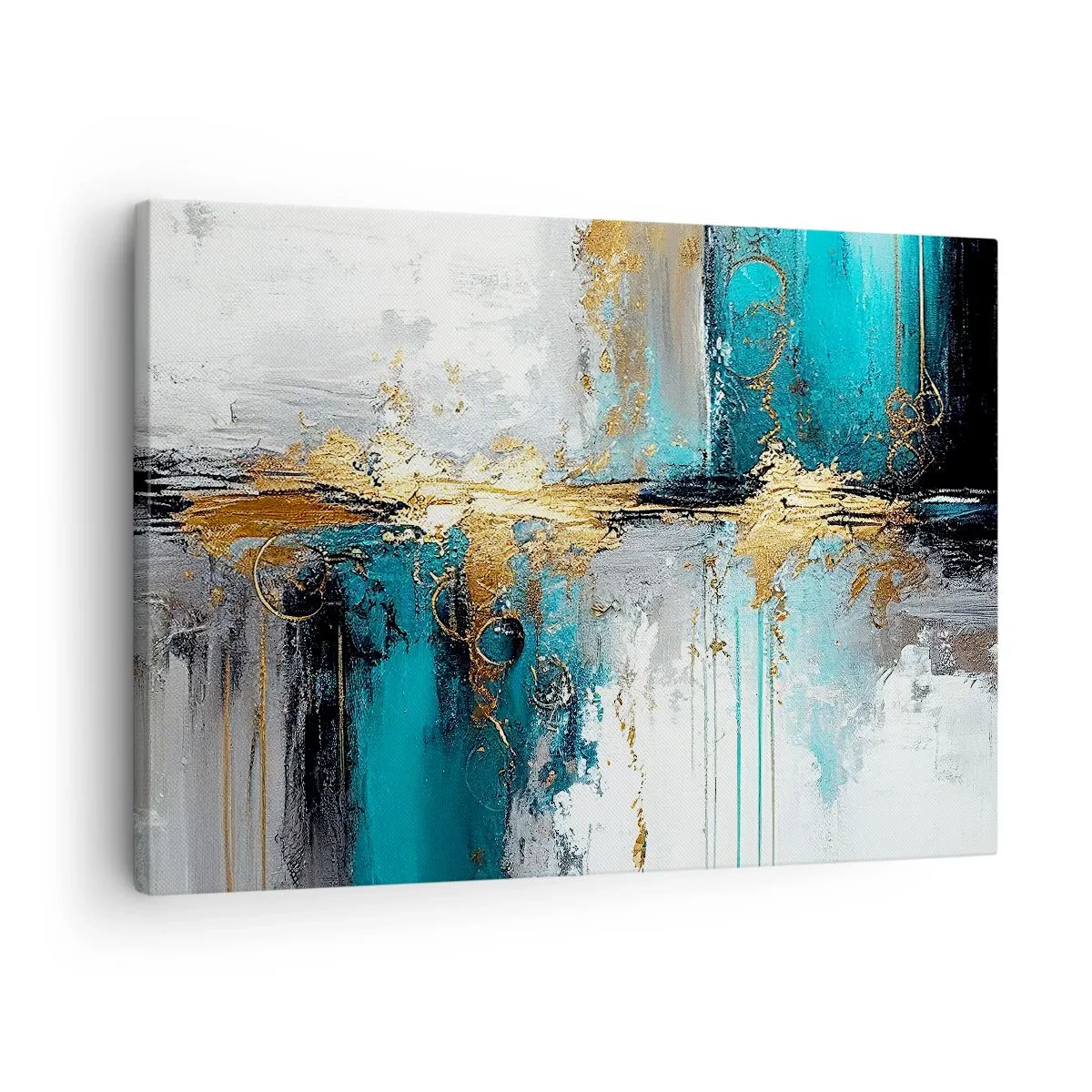 Schilderen op canvas - Een abstracte compositie met turquoise en gouden accenten. - 70x50cm - Alles vloeit - Moderne wanddecoratie voor woonkamer en slaapkamer ARTTOR