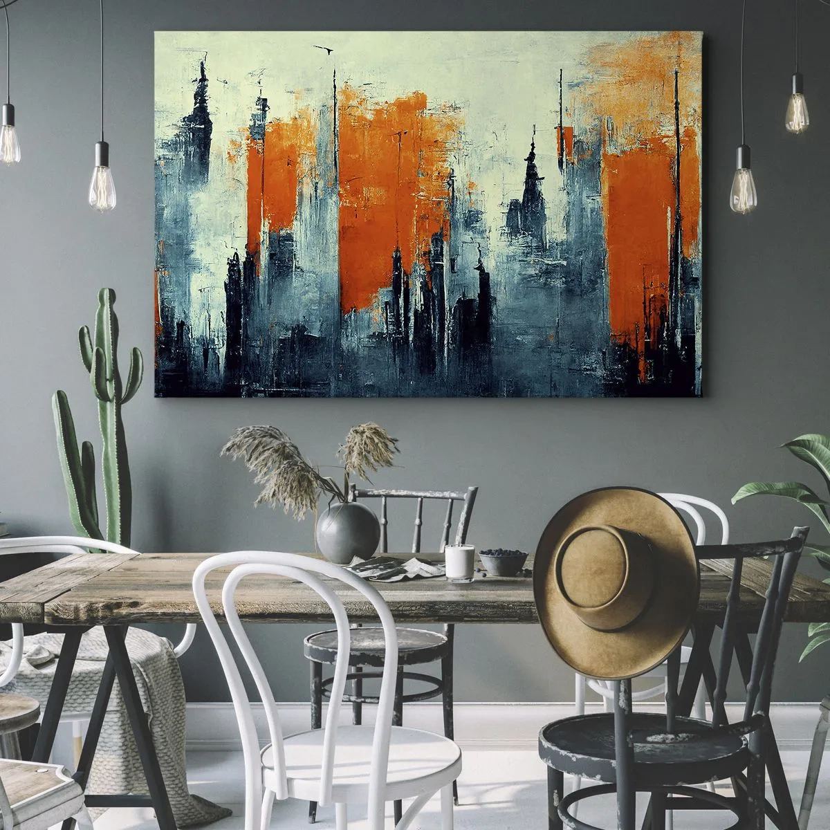 Schilderen op canvas - Abstract stadsgezicht in tinten oranje en blauw - 70x50cm - Modern landschap - Moderne wanddecoratie voor woonkamer en slaapkamer ARTTOR