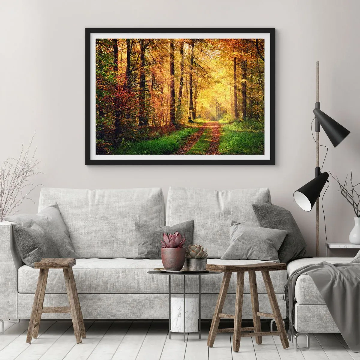 Poster in een zwarte lijst - Bos-gouden stilte - 40x30 cm