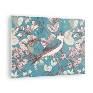 Schilderen op glas - Een vogel op een tak tussen bloemen op een turquoise achtergrond - 70x50cm - In witte abeel met het zingen van de nachtegaal - Moderne wanddecoratie voor woonkamer en slaapkamer ARTTOR