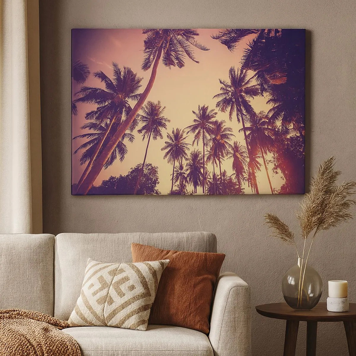 Schilderen op canvas - Palmbomen tegen de lucht met warme zonsondergangkleuren - 70x50cm - Een tropische variant - Moderne wanddecoratie voor woonkamer en slaapkamer ARTTOR