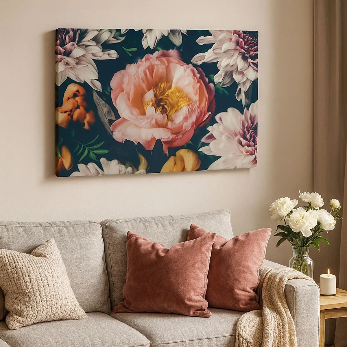 Schilderen op canvas - Bloemstuk met pioenrozen en chrysanten op een donkere achtergrond - 70x50cm - Met barokke pracht - Moderne wanddecoratie voor woonkamer en slaapkamer ARTTOR