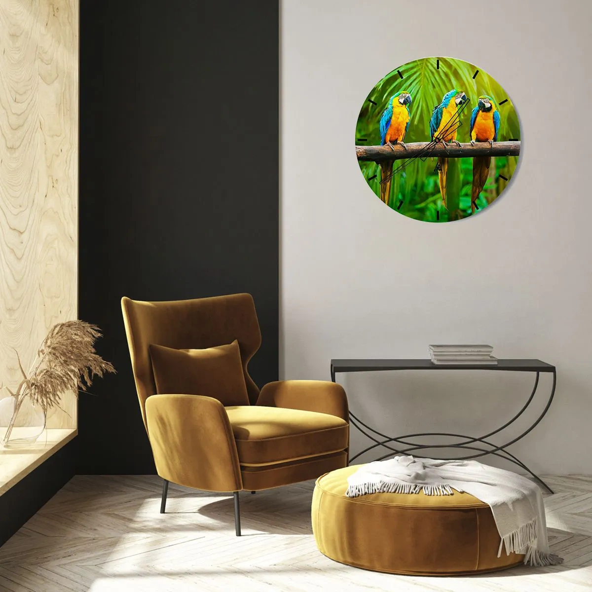 Wandklok - Klok - Drie ara's op een tak in een tropische omgeving - 30x30cm - En heb je gehoord dat ze...? - Moderne wanddecoratie voor woonkamer, keuken en slaapkamer ARTTOR