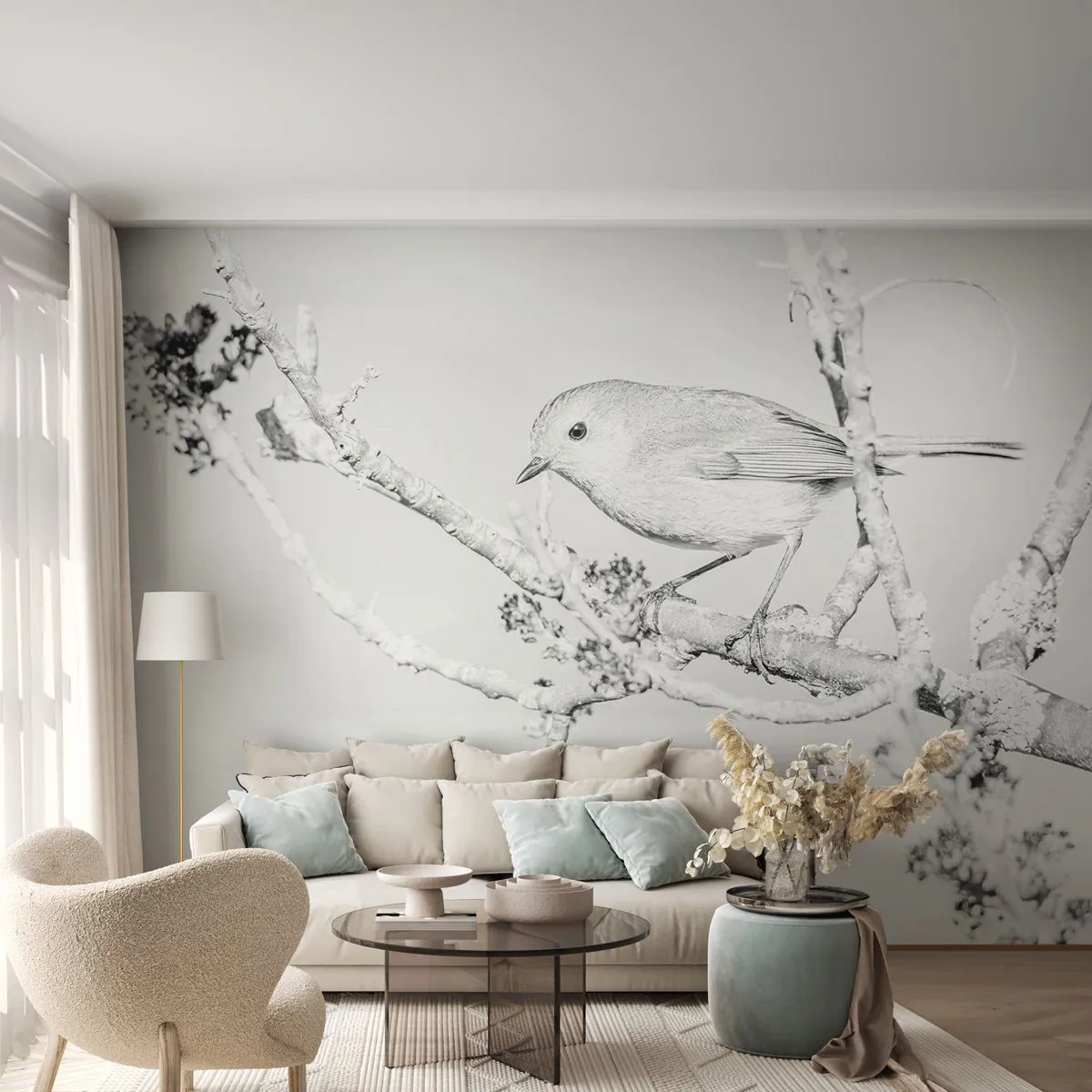 Fotobehang Premium Canvas - Winterochtend - Helder, Vogel, Natuur - 100x70 cm