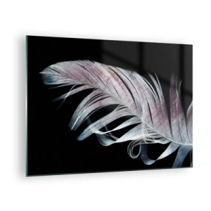 Schilderen op glas - Een delicate veer op een zwarte achtergrond in een artistieke benadering - 70x50cm - Denk aan aanraking - Moderne wanddecoratie voor woonkamer en slaapkamer ARTTOR