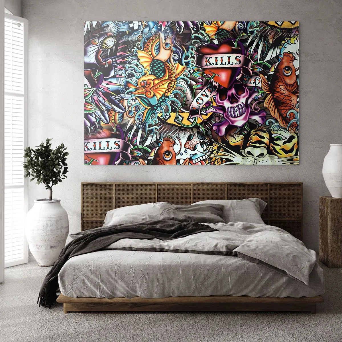 Schilderen op glas - Een kleurrijke compositie van patronen geïnspireerd op tatoeagekunst - 70x50cm - De droom van de tatoeëerder - Moderne wanddecoratie voor woonkamer en slaapkamer ARTTOR