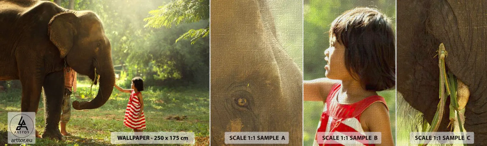 Fotobehang Monster Premium Canvas - De kracht van vriendschap - Dieren, Olifant, Meisje - 100x30 cm