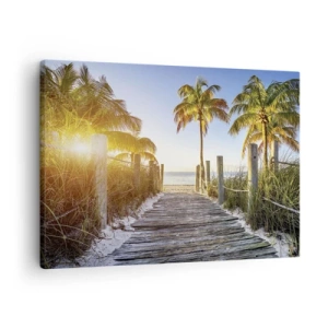 Schilderen op canvas - Houten pad op het strand met palmbomen op de achtergrond - 70x50cm - Rechtstreeks naar het paradijs - Moderne wanddecoratie voor woonkamer en slaapkamer ARTTOR