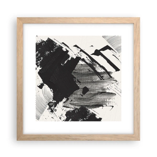 Een poster in een licht eiken lijst - Abstractie – expressie van zwart - 30x30 cm
